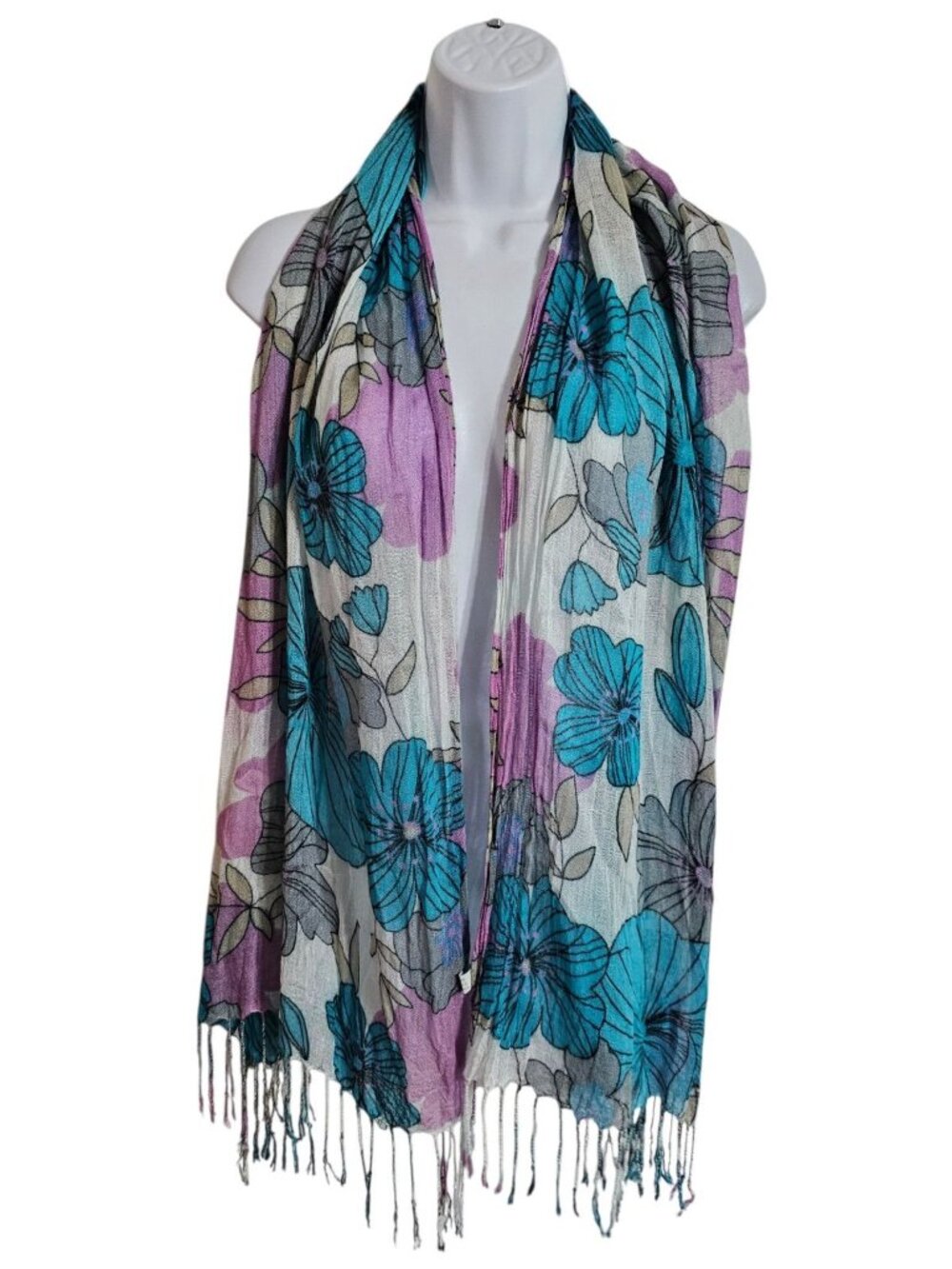 Artisan Womens One Size Scarf Blue Purple Gauze Floral Shawl Iconic Boho Wrap - Picture 2 of 4